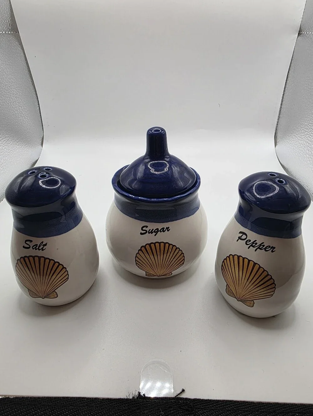 Seashell Salt, Sugar & Pepper Ceramic Set - Navy & Cream